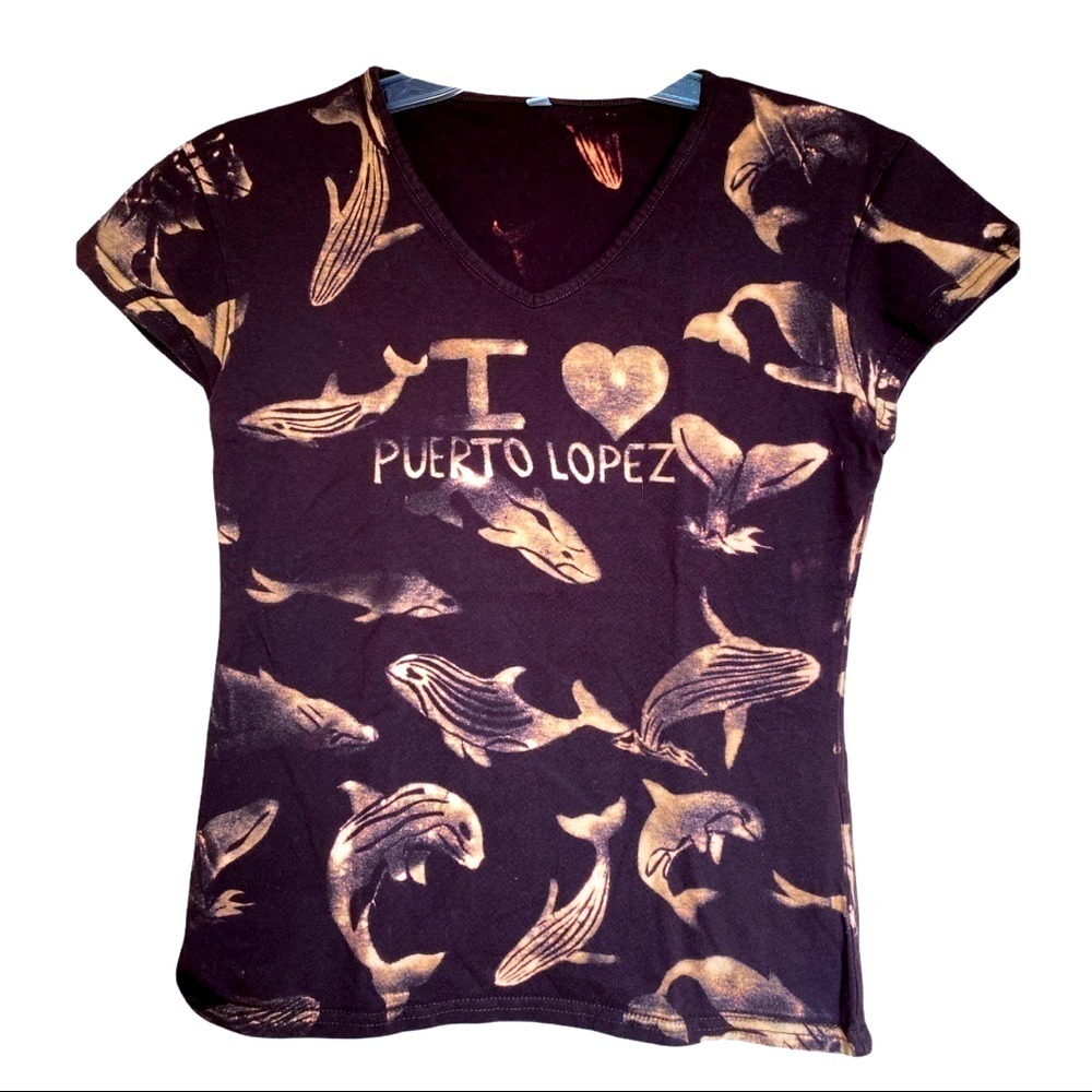 Puerto Lopez‎ I Heart Whales Graphic Print Tee Tourist Souvenir V Neck Small